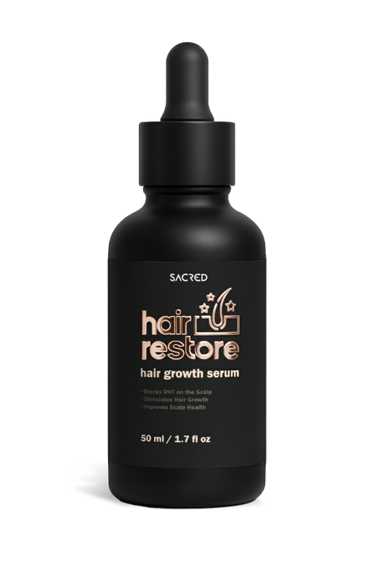 Sacred Hair Restore — premium natural hair loss treatment serum in a sleek amber bottle, designed to nourish the scalp and promote hair regrowth.