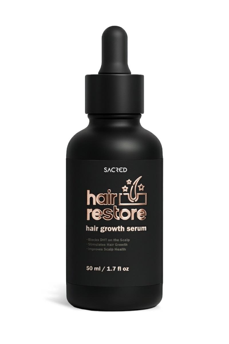 Sacred Hair Restore — premium natural hair loss treatment serum in a sleek amber bottle, designed to nourish the scalp and promote hair regrowth.